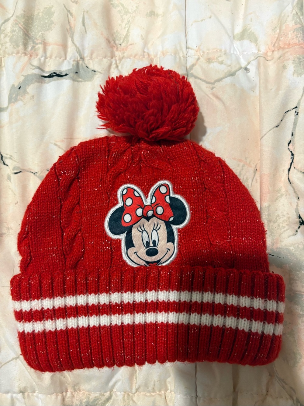 Disney Minnie Mouse Girls Red Knit Pom Pom Beanie Cable Knit Winter Hat